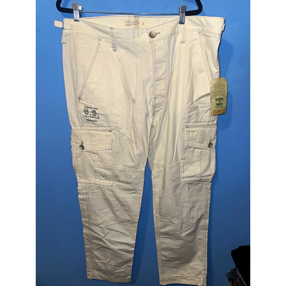 True Religion Mens White Canvas Cargo Pants Special Ops Straight Leg 40x34 NEW